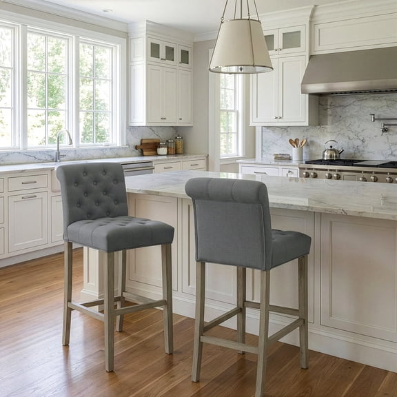 Set of 2 Aleen Gray Fabric Bar Stool with Roll Back Design and Tufted Buttons