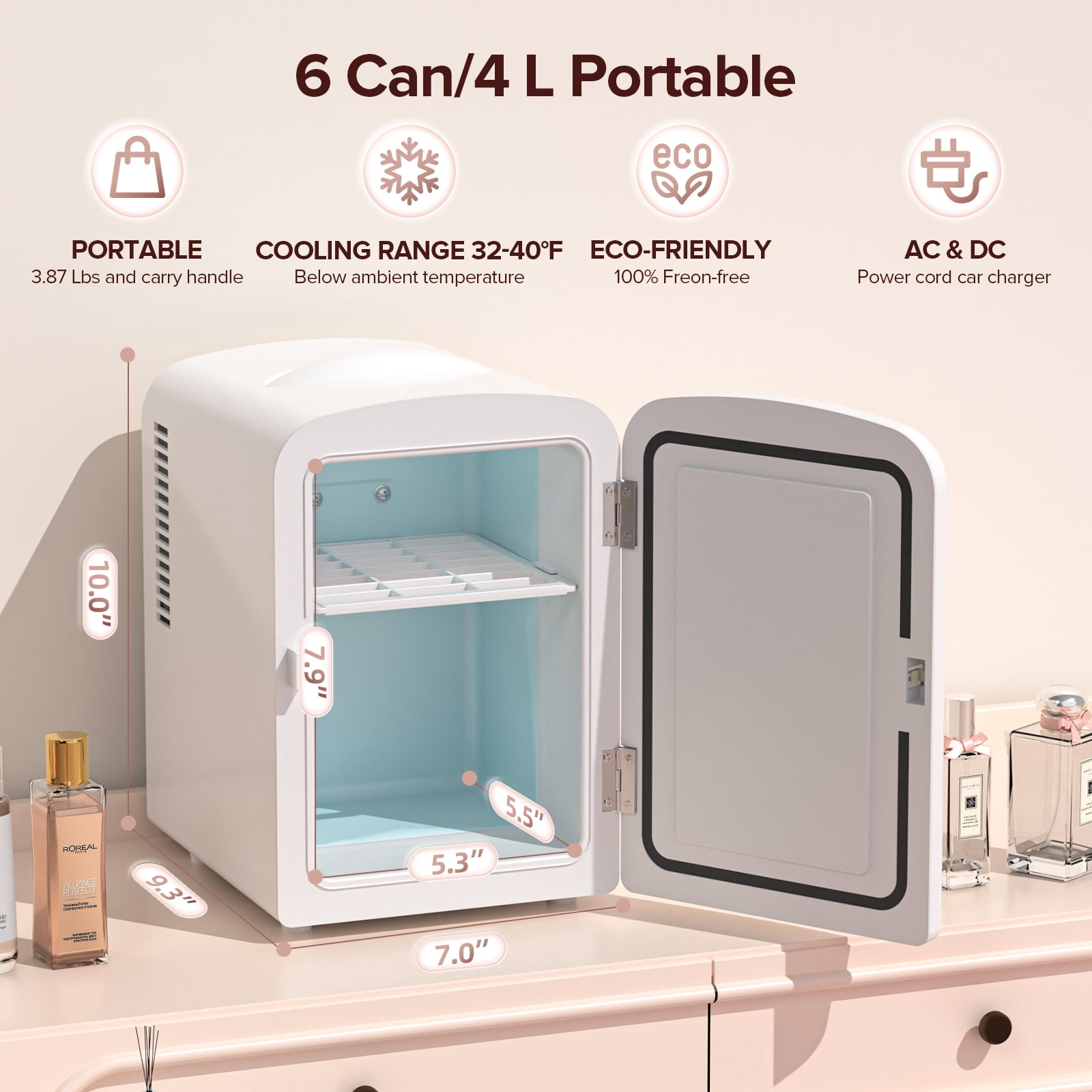 Auseo Mini Portable Fridge Personal, Countertop, 4L/6 Cans, Cooler Small Refrigerator, AC/DC, Option for Skincare, Makeup, Drinks, Dorm Room, White
