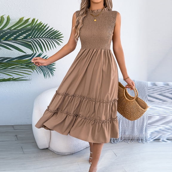 Tqcoqu Women's Sleeveless Smocked Bodice Ruffle Tiered Midi Dress Casual Swing Dress,Khaki,Women's S-XL
