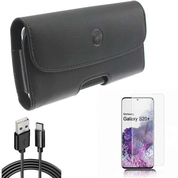 Case Belt Clip w Screen Protector w 6ft USB Cable for Samsung Galaxy S20 Plus - Leather Holster Cover, Tempered Glass [Fingerprint Unlock] 3D Curved Edge, Type-C Charger Cord fits Galaxy S20 Plus