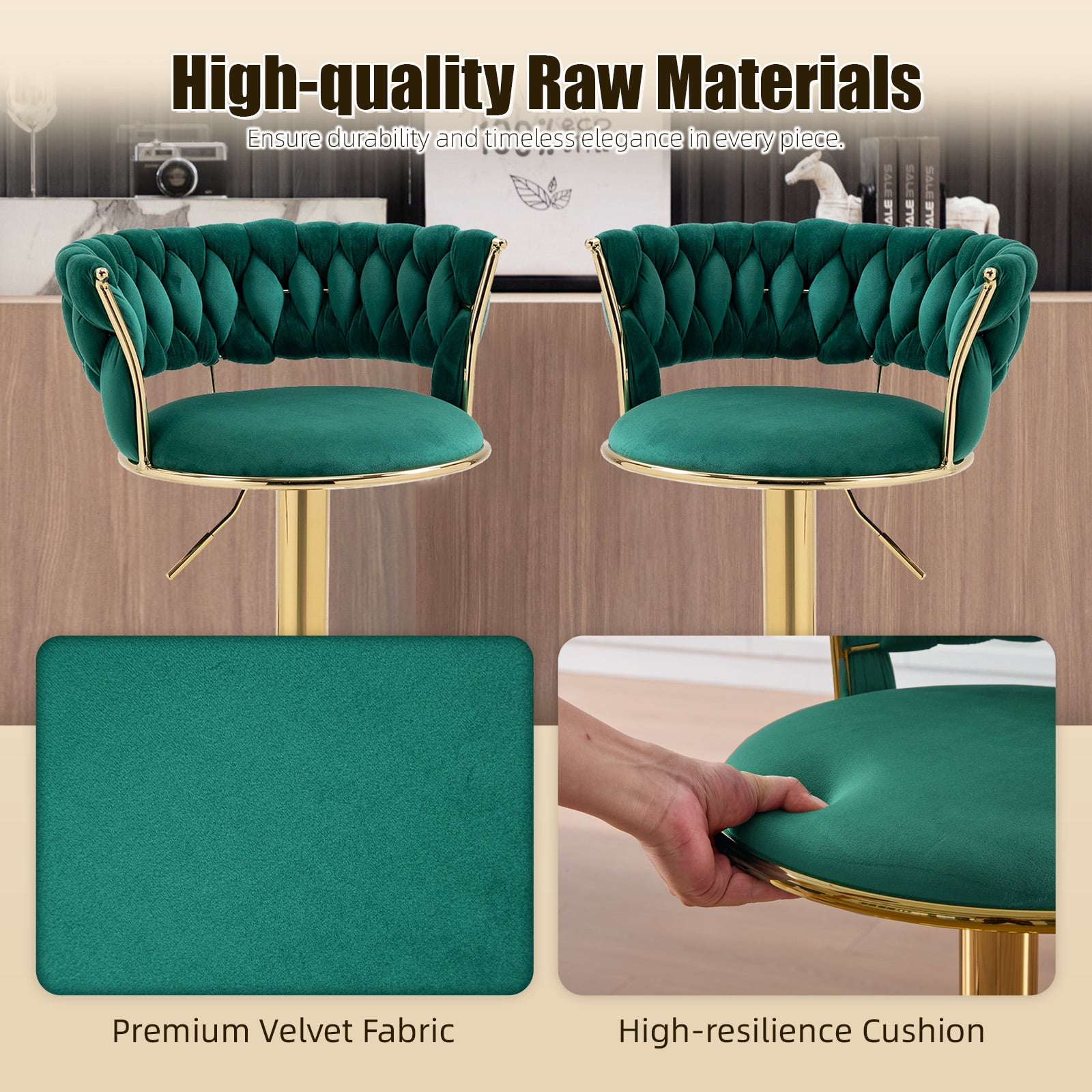 MOONMISS Bar Stools Set of 2, Adjustable Swivel Barstools, Velvet Counter Height Bar Chair with Back and Footrest for Kitchen Island Dining Room Café Pub,Green