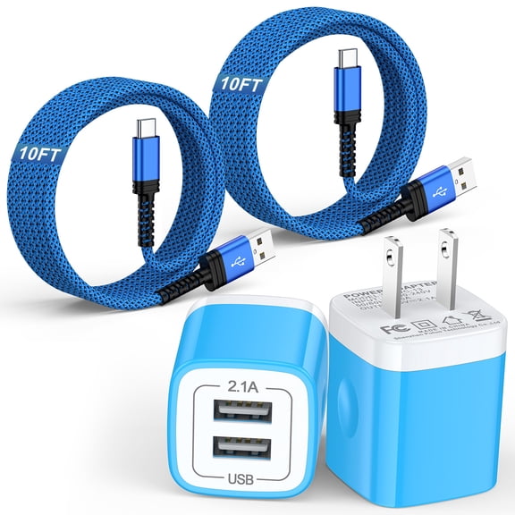 Charging Block, 2 Pack USB Wall Charger with 10FT Type C Charging Cable USB C Cable Phone Cables, Dual Port Phone Charger Android Charger Fast Charger Block USB Plug Adapter USB Charging Block, Blue