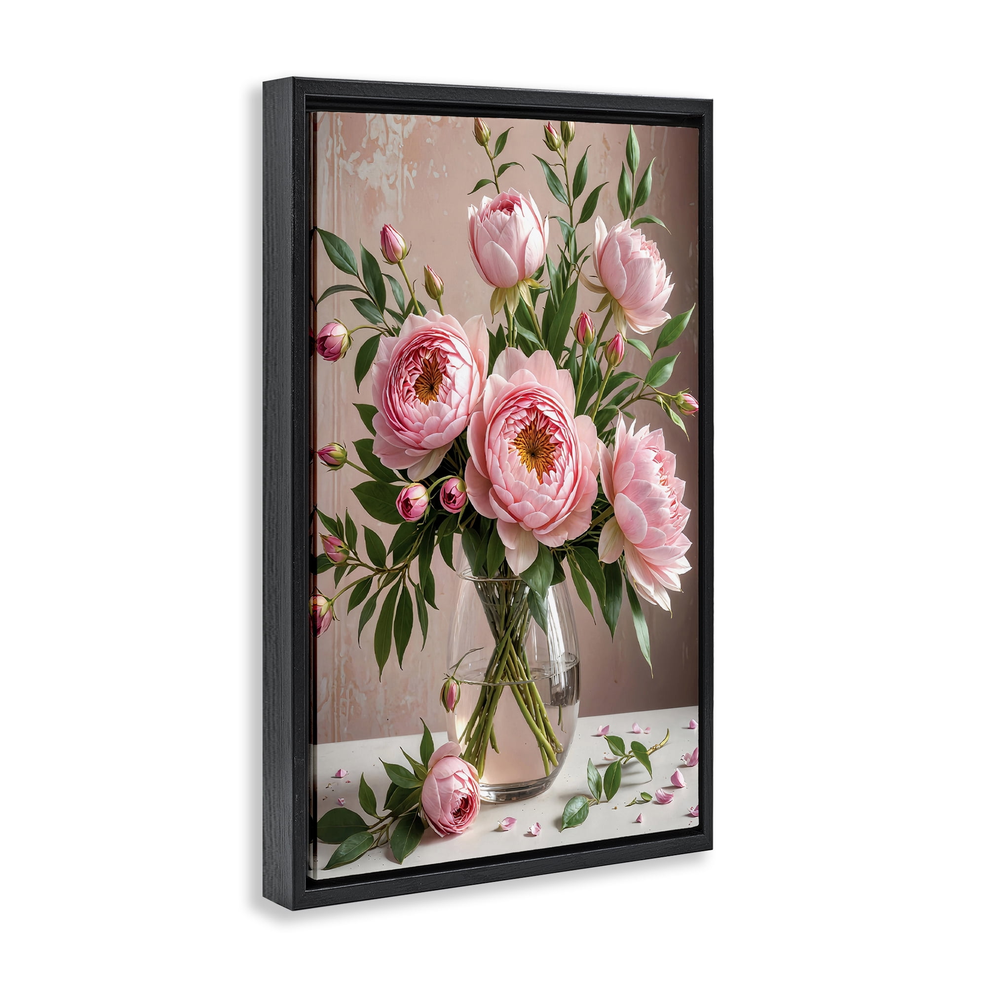 Stupell Industries Elegant Peonies in Vase Plants & Flowers Painting Black Floater Framed Canvas Art Print Wall Art, 17 x 25