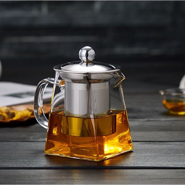 Amdohai Wholesale household high borosilicate glass stainless steel leaking teapot bubble teapot square glass with filter flower teapot 550ml single cup without drain