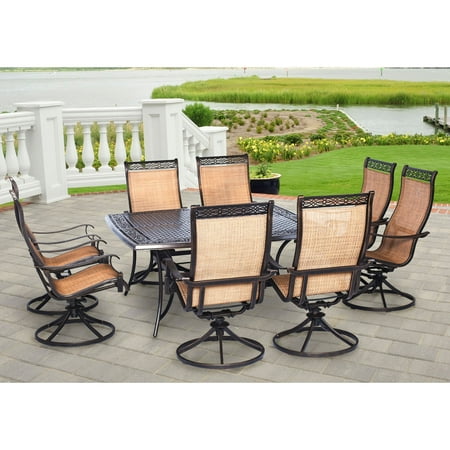 Hanover Manor 9-Piece Outdoor Patio Dining Set with 8 PVC Sling Swivel Rockers and Rust-Free Aluminum 60" Square Dining Table | MANDN9PCSWSQ-8