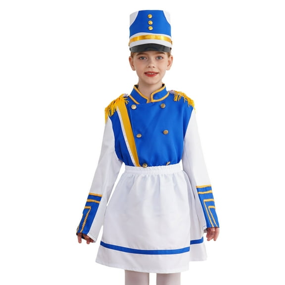 Aislor Drum Majorette Costume for Kids Girls Marching Band Uniform Royal Guard Jacket Coat with Skirt Cap Blue 17-18