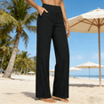 thumbnail image 6 of Women's Casual Straight Leg Yoga Pants, Solid Color High Waisted Tummy Control Elastic Waist Pants, Loose Fit Cotton Linen Blend Versatile Trousers for Daily Wear Black L, 6 of 7