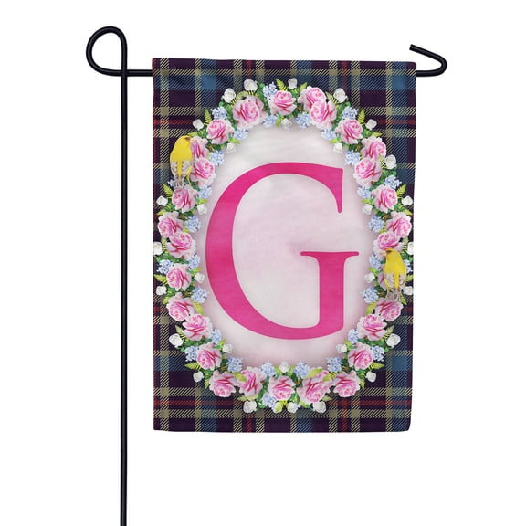 America Forever Spring Monogram Garden Flag Letter G 12.5 x 18 inches Double Sided Vertical Outdoor, Yard, Lawn, Seasonal Decorative Yellow Flowers, Pink Rose, Floral Wreath Garden Flag