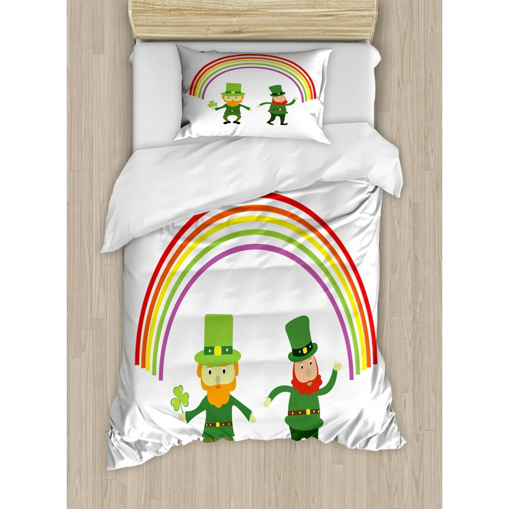 Elf Duvet Cover Set Twin Size, 2 St Patrick's Day Leprechaun Cartoon