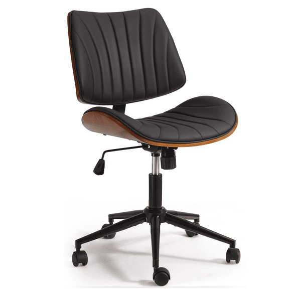 SOBREMESA Armless Office Desk Chair, Modern Small Space Chair with Wooden Back, Adjustable Height and Swivel Wheels, Black