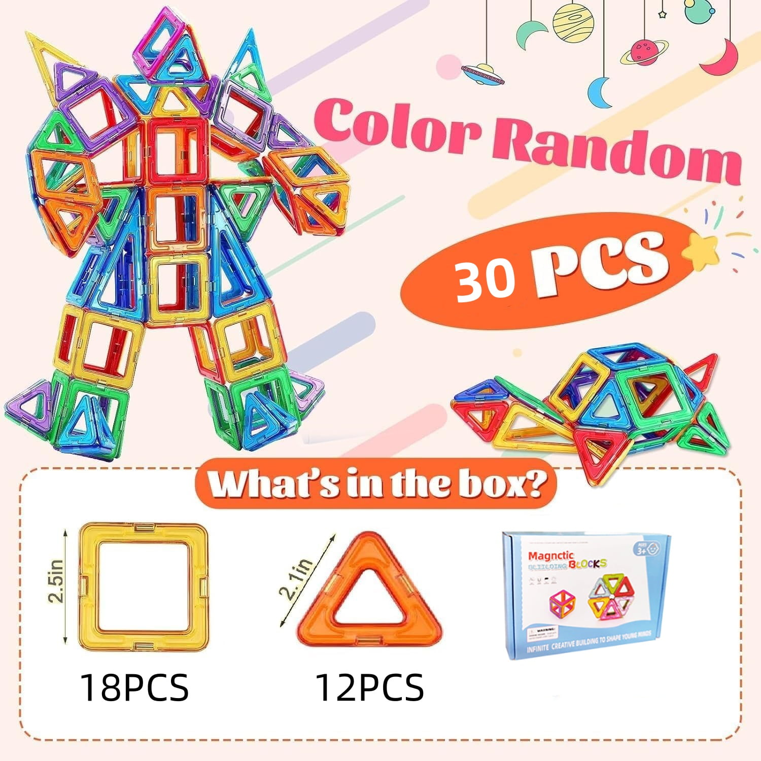 30 PCS Magnetic Tiles Large Size Building Blocks Construction Toys for Boys & Girls STEM Learning Educational Toy for Above 3 Years Old Boys and Girls,Christmas Birthday Gift Toys