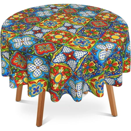 

SKQIT Ethnic Mexican Talavera Ceramic Round Tablecloth 60 inch Washable Reusable Decoration Table Cover for Home Kitchen Dining Party Pinic Patio Outdoor Decor