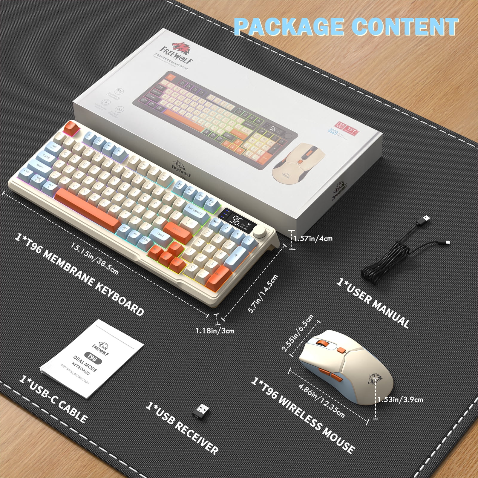 ZIYOU LANG T96 Wireless Gaming Keyboard and Mouse Combo, Dual Bluetooth//2.4G RGB Backlit Mechanical Feeling Keyboard with Smart Display & Knob, 4000 DPI Gaming Mouse for PC Laptop Mac Wins
