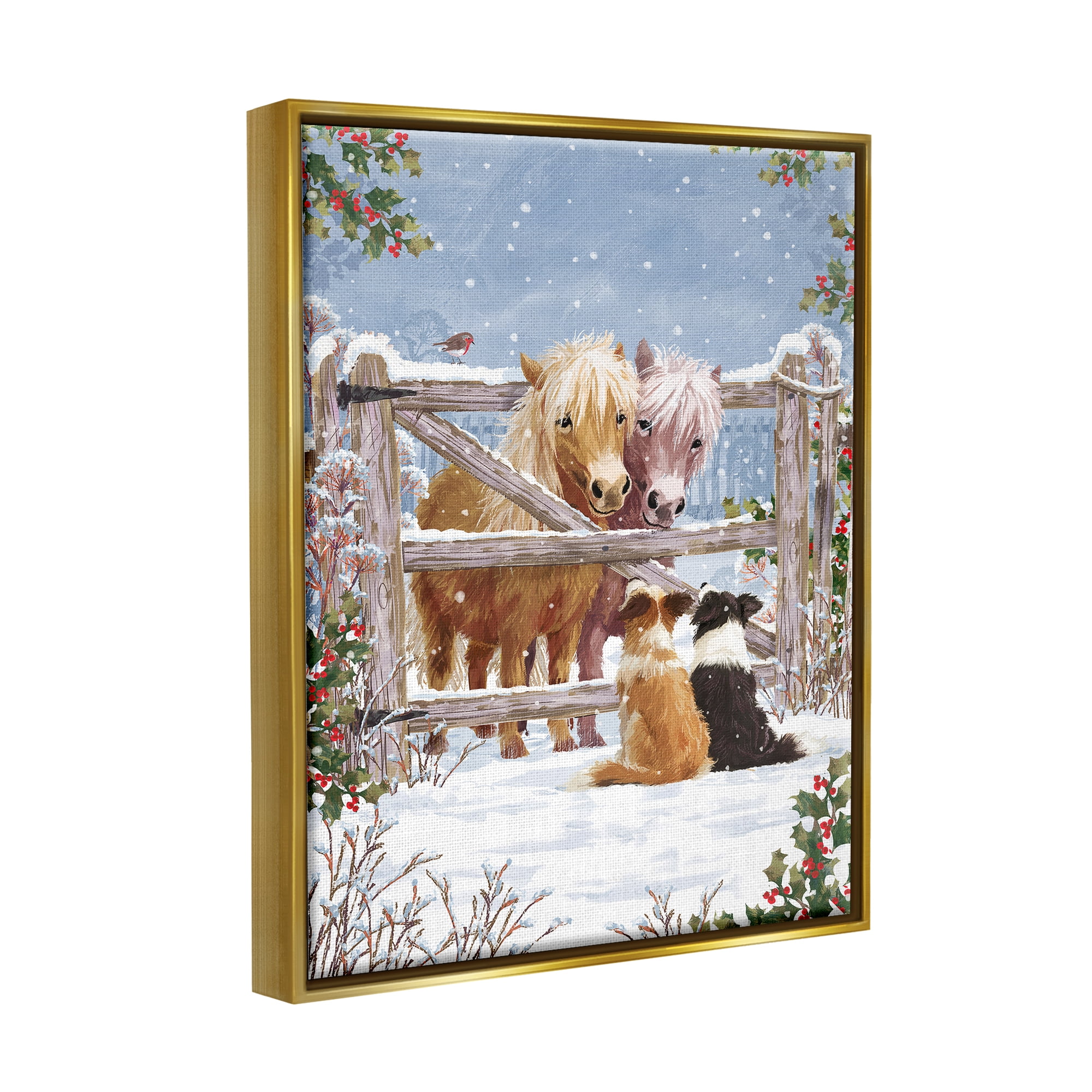 Stupell Industries Ponies & Dogs Winter Farm Scene Holiday Painting Gold Floater Framed Art Print Wall Art