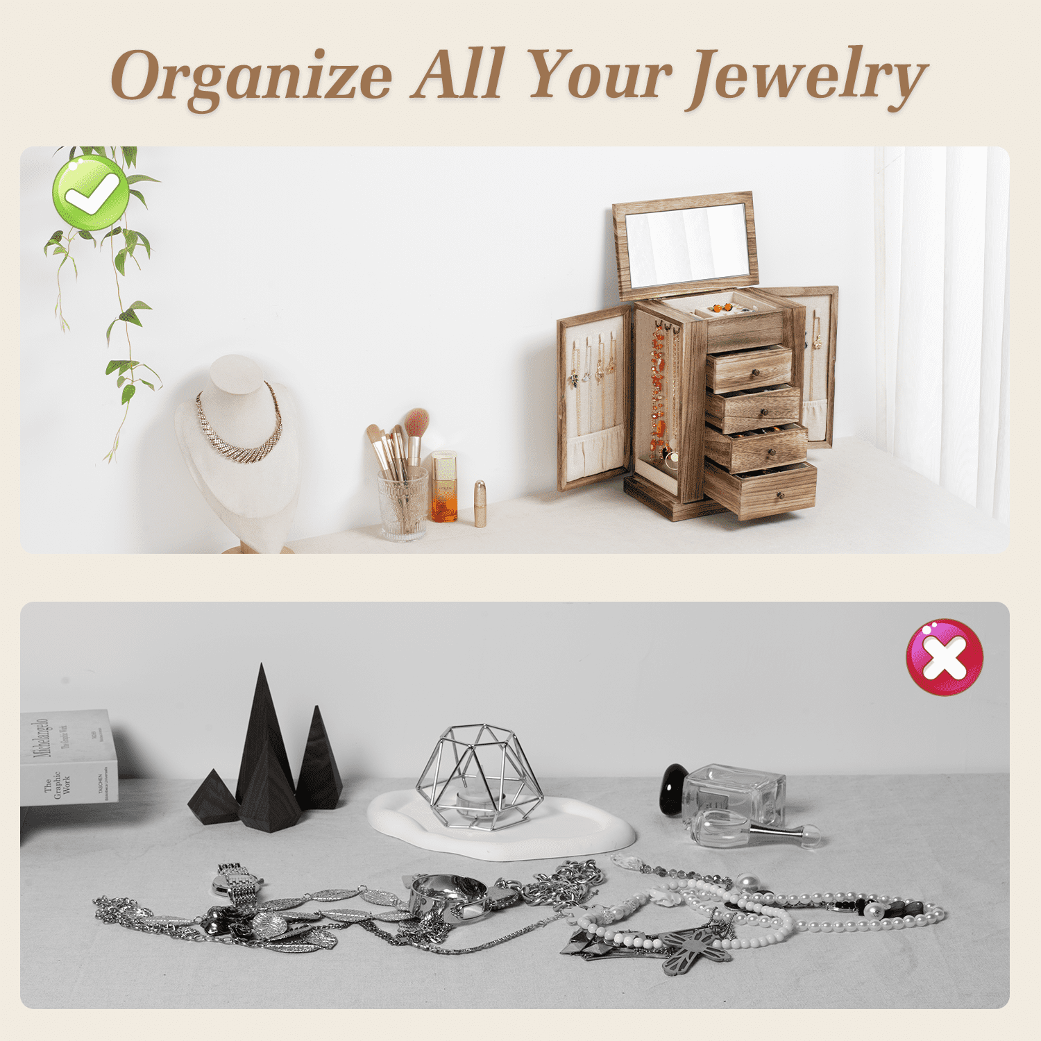 Jewelry Box for Women, 5 Layer Large Wood Boxes & Organizers for Necklaces Earrings Rings Bracelets, Rustic Organizer with Drawers and Mirror
