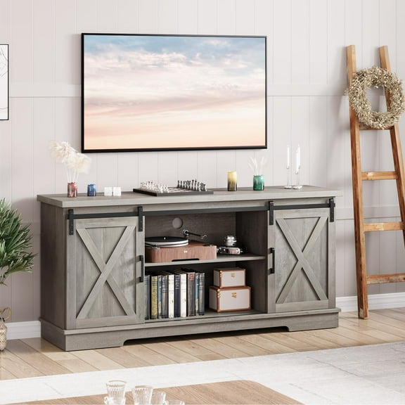 Huisuilinss Modern Farmhouse TV Stand with 2 Barn Doors and Storage Cabinets,TV Stand for 65" TV, Entertainment Center Console Table, Media Furniture for Living Room, 59 Inch