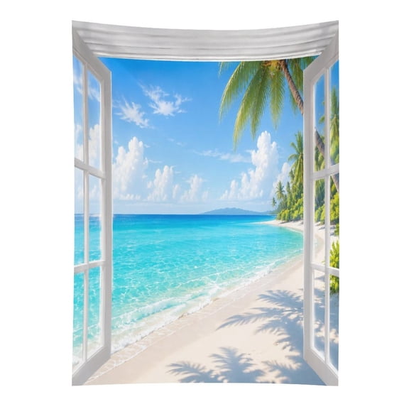 BCIIG Open Window Tropical Beach Ocean View Tapestry in Green Fields, Polyester Printed Wall Hanging, Suitable for Bedroom, Dormitory and Living Room, Aesthetic Home Decoration