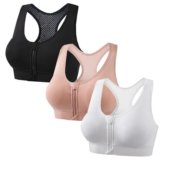 3PC Sports Bras for Women Plus Size Seamless Wireless Bras Solid Color Underwire Front Zipper Back Gathered High Support Sports Bra