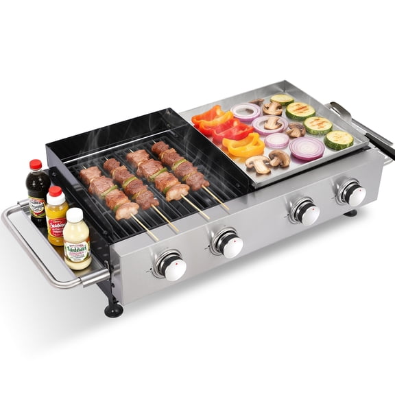 Portable 4 Burner Grill & Griddle Combo, 2 2 Propane BBQ with Cast Iron Grates, Stainless Steel Griddle and Stainless Steel Side Shelf & Utility Tray for Outdoor BBQ