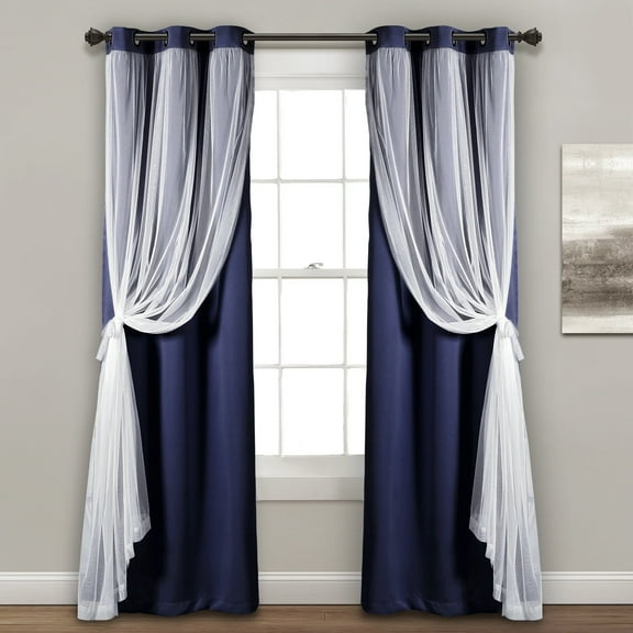 Lush Decor Grommet Sheer Window Curtain Panels With Insulated Blackout Lining Solid Color , Navy, 84"L x 38"W, Set of 2