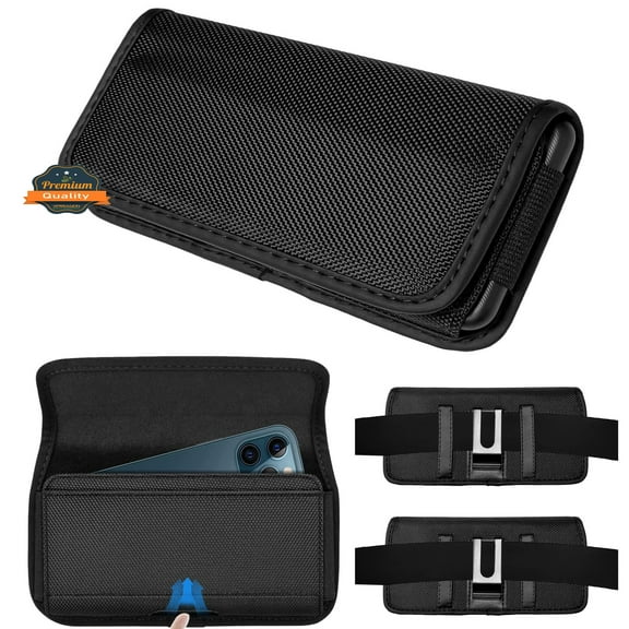 For Samsung Galaxy A14 5G Pouch Holster Cell Phone Case Universal Horizontal Nylon with Clip /Loops Belt Holder Rugged Waist Carrying Cover - Black