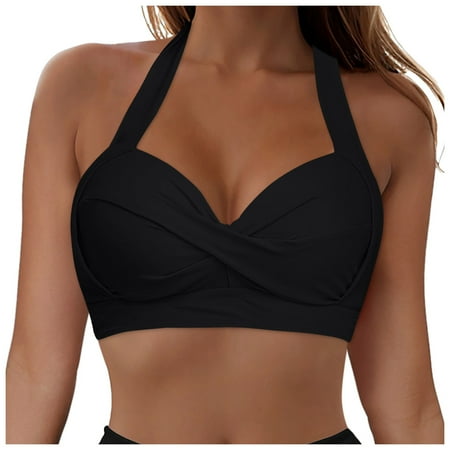 TTUHYWXI Underwire Bikini Top Halter Padded Push Up Swim Top Only Bra Bathing Suit Top (Black  XXL)