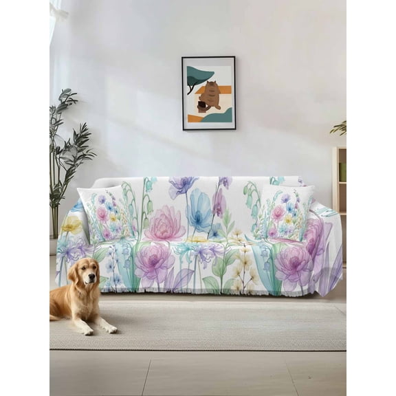 Colorful Spring Floral Couch Cover, Farmhouse Flowers Modern Botanical Art Sofa Cover Blanket for 1 Seat Cushion, Sectional Sofa Slipcover Furniture Protector for Living Room Bedroom 71''x91''