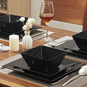 TP 12-Piece Classic Square Melamine Dinnerware Set, Plates and Bowls Set, Service for 4, Black