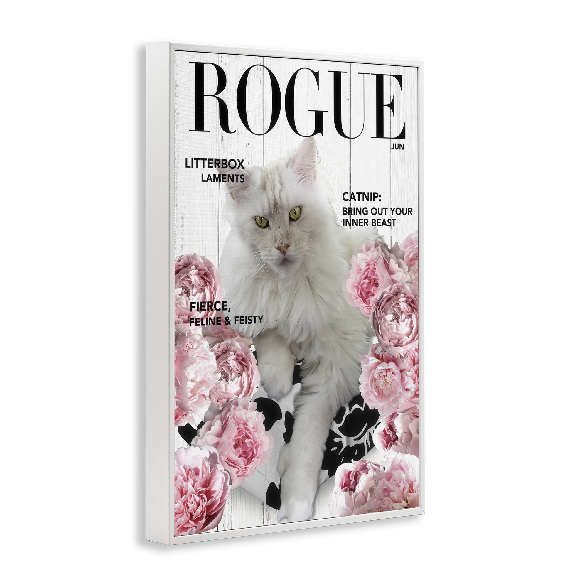 Funny Floral Cat Magazine White Framed Giclee Art, design by Sasha