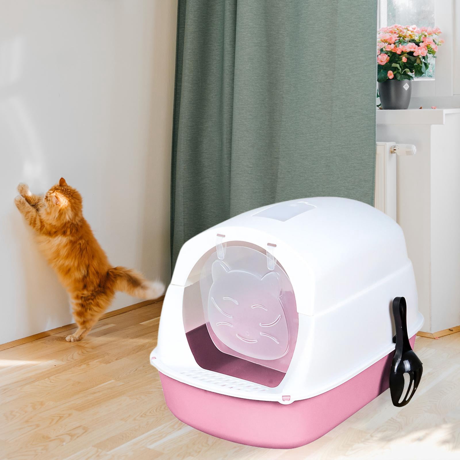 Hooded Cat with Lid Enclosed Cat Toilet Reusable Cat Litter Tray - Pink