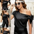 thumbnail image 4 of VIDUSSA Women's Off Shoulder Silk Satin Tops Short Sleeve Bow Tie Casual Dressy Blouse Shirts Black 3XL, 4 of 5
