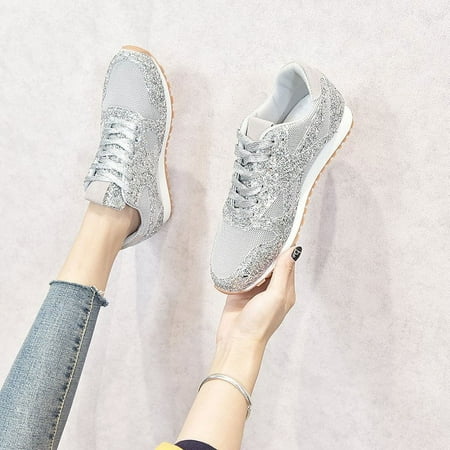 

2024 Spring Lace-up Sports Shoes for Women Sequin Couples Large Size Sneakers Casual Shoes