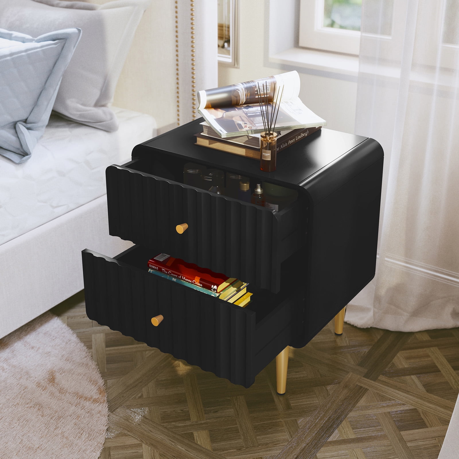 CBJCBJ Modern Bedroom Nightstand Set of 2, 20-Inch Wood Bedside Table with 2 Drawers and Gold Handles, Black