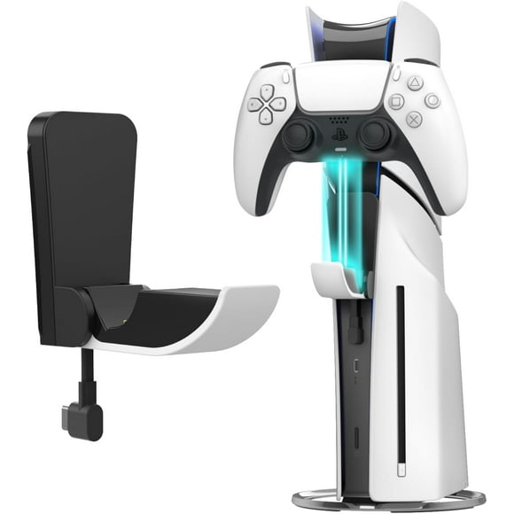 TRAHOO-PS5 Controller Charger Holder Compatible with PlayStation 5 Slim/Slim Disc Console, Built-in Fast Charging Space Saving Foldable Gaming Controller Headset Holder - White