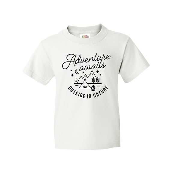 Inktastic Adventure Awaits Outside in Nature with Tent and Mountains Youth T-Shirt