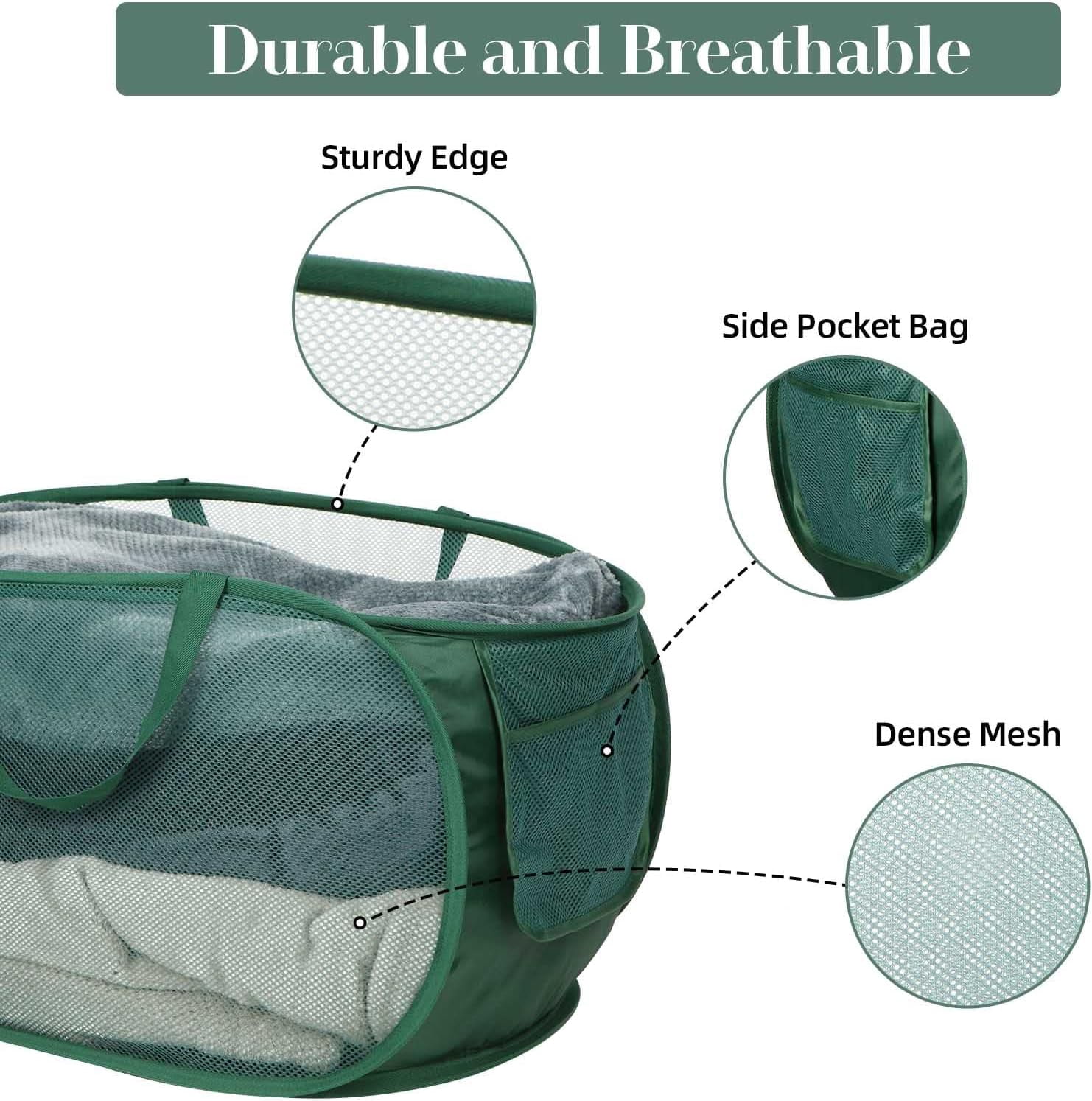 Kiibsot Strong Mesh Pop Up Laundry Basket, Collapsible Laundry Hamper with Side Pocket, Foldable Clothes Hamper with Durable Reinforced Handles for Laundry, Bathroom, Kids Room, Dorm or Travel