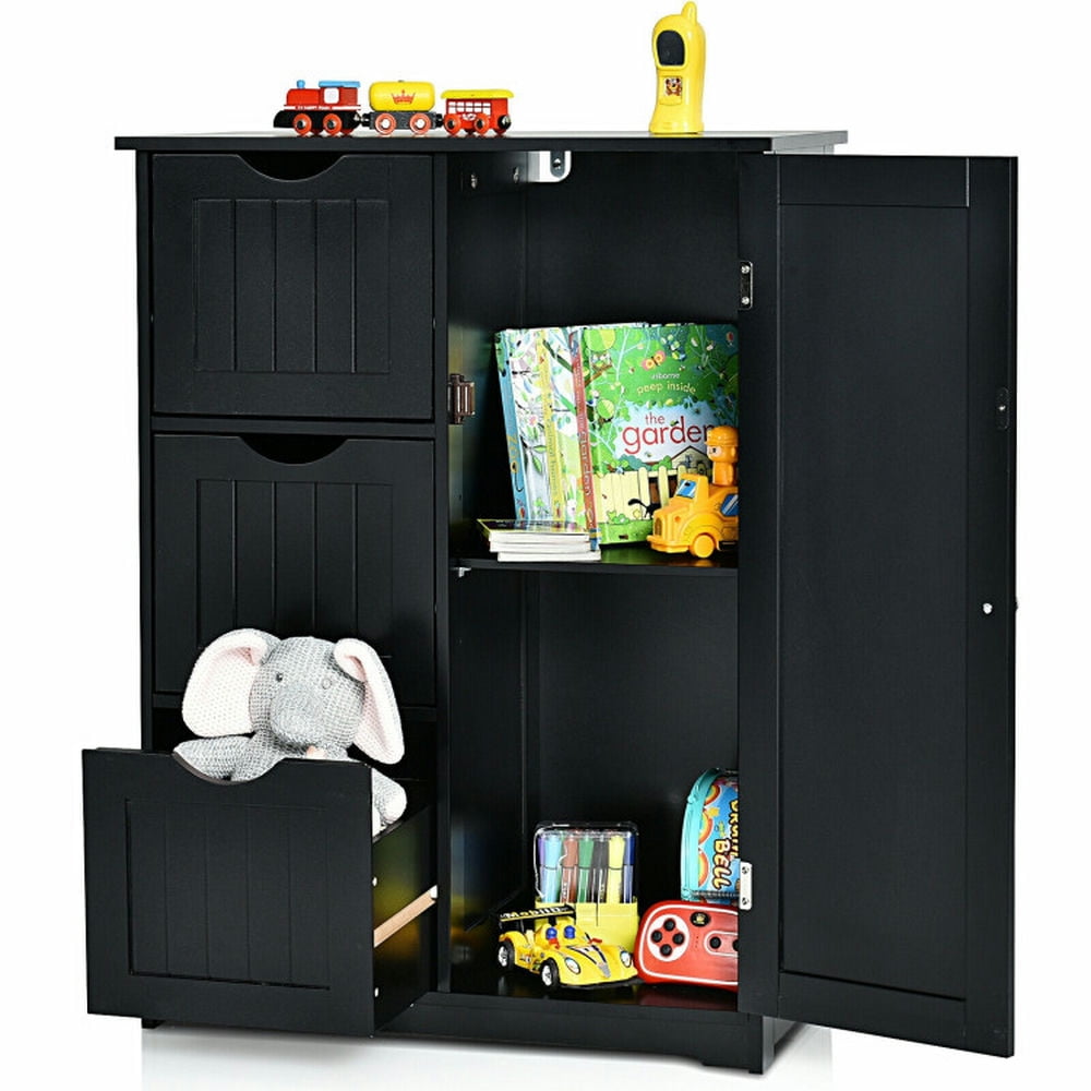 Finihen Storage Cabinet, Floor Cabinet, Bathroom Floor Cabinet Side Storage Cabinet with 3 Drawers and 1 Cupboard, for Bathroom, Living Room, Bedroom, Kitchen, Black