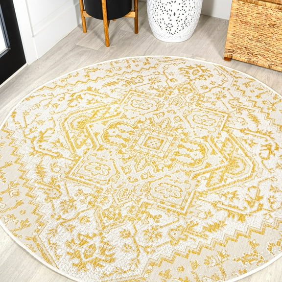 JONATHAN Y SANTA MONICA 5' Round Area Rug, Estrella Bohemian Medallion Textured Weave - Cream/Yellow, SMB105H-5R