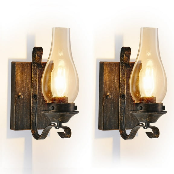 Hardwired Farmhouse Wall Sconces Set of 2 – Rustic Industrial Wall Lights with Clear Glass Shades, Black and Gold Wall Lamps for Bedroom, Living Room, or Hallway, Indoor Lighting (Bulbs Not Included)