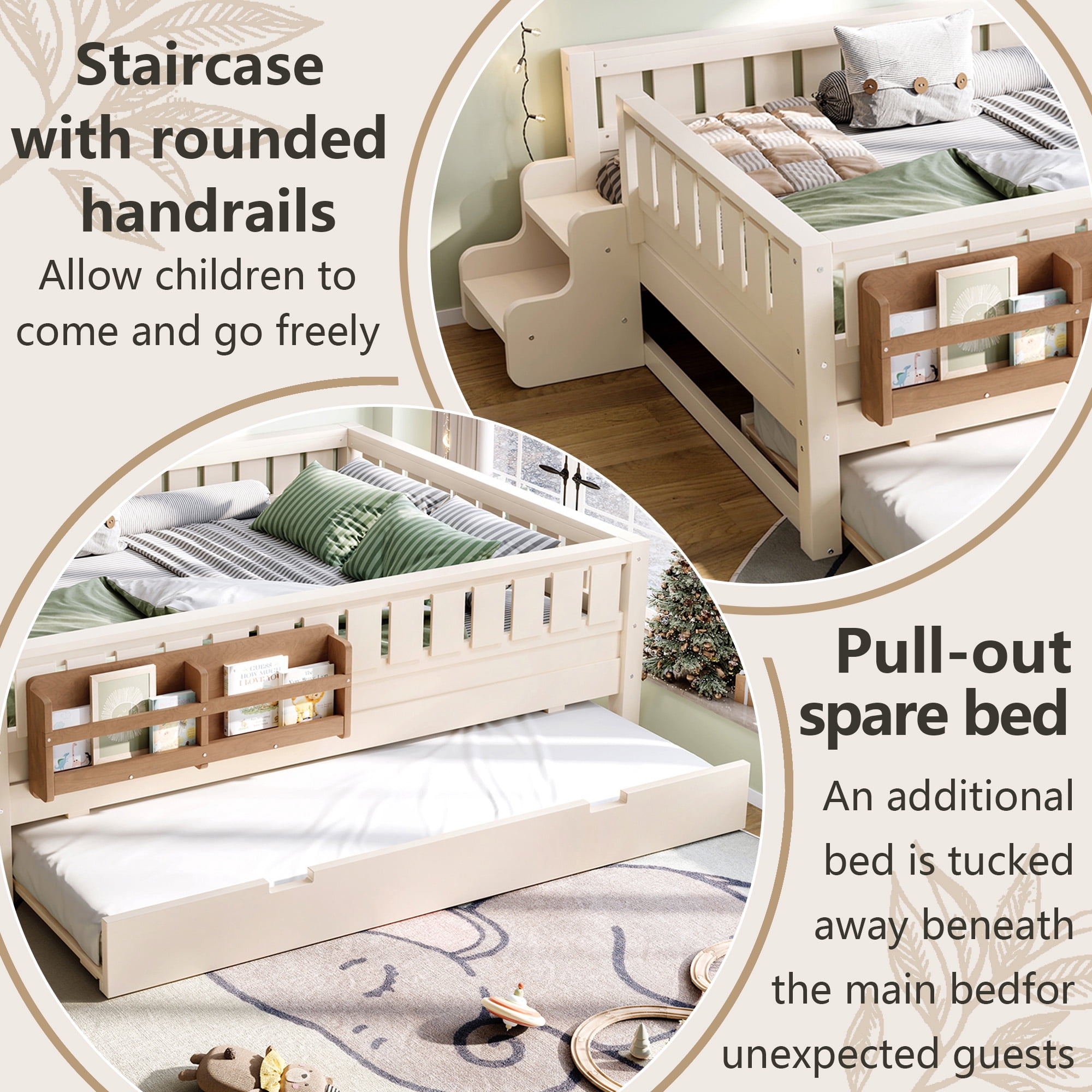 Full Bed with Bookshelf and Trundle 79.1 Inch, Solid Wood Frame with Staircase and Safety Rails, Space-Saving Kids Bed with Storage, Beige