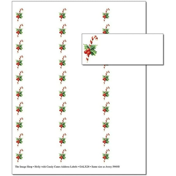 Holly With Candy Canes Address Labels - 1in. x 2 5/8in. - Pack of 150 Labels- blank labels (not personalized) (oalx28)