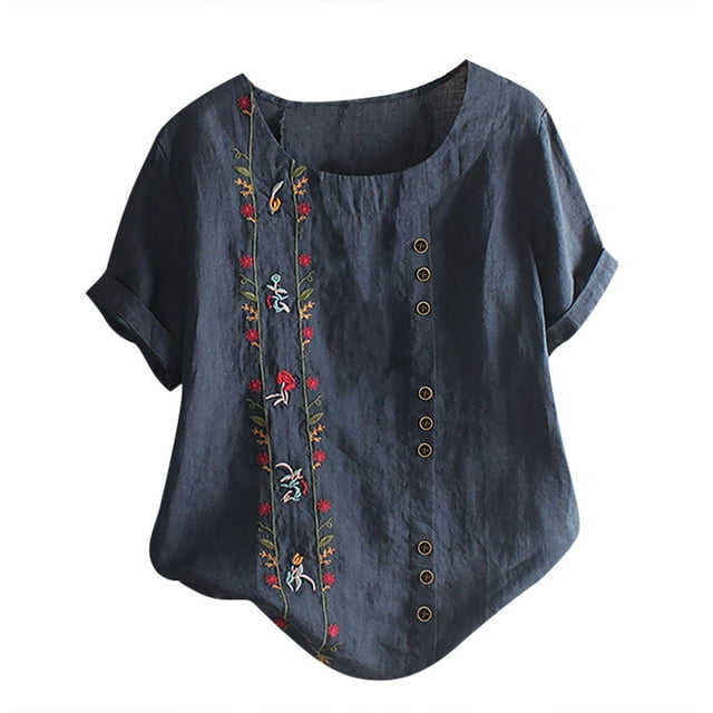 Hauts pour Femmes Décontractés et Imprimés Fleurs Blouse à Manches Courtes Col Rond T-Shirts pour Femmes Marine TTG