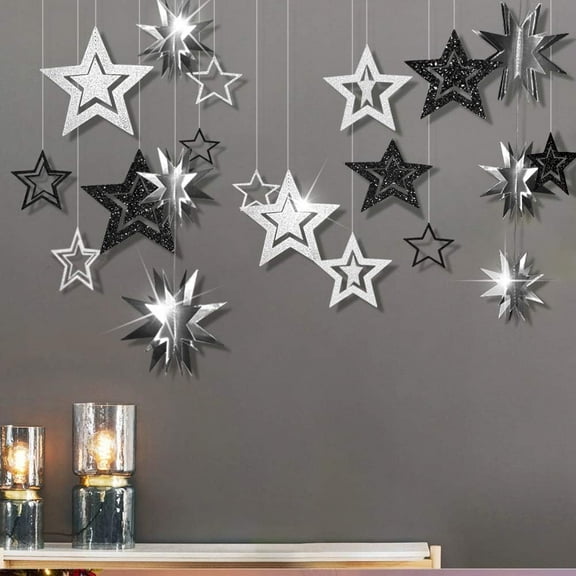Cheerland Glitter Black Charcoal Silver Star Party Garland, 4-Pack, 6.6 Ft
