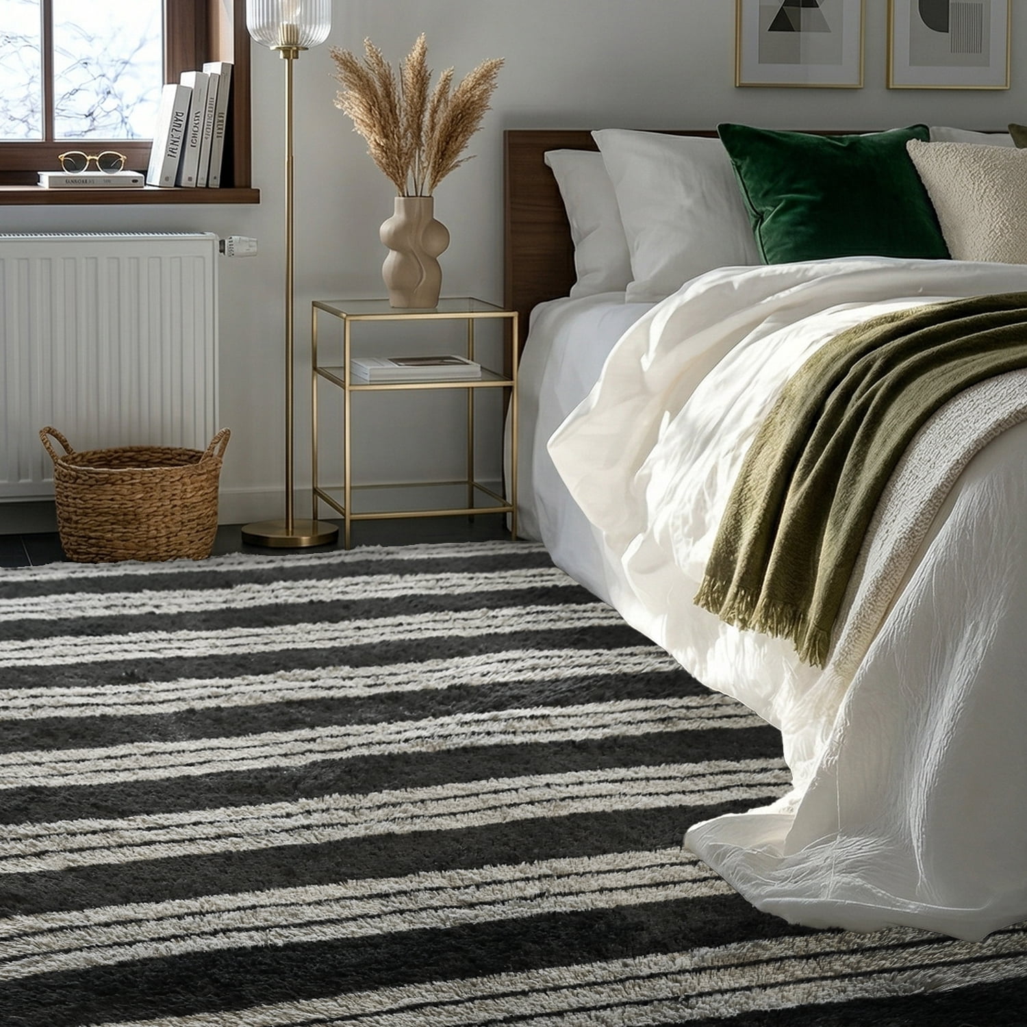 Pentantan 8ft x 10ft Shag Area Rugs for Living Room, Modern Stripe Fluffy Bedroom Carpet, Black & Gray