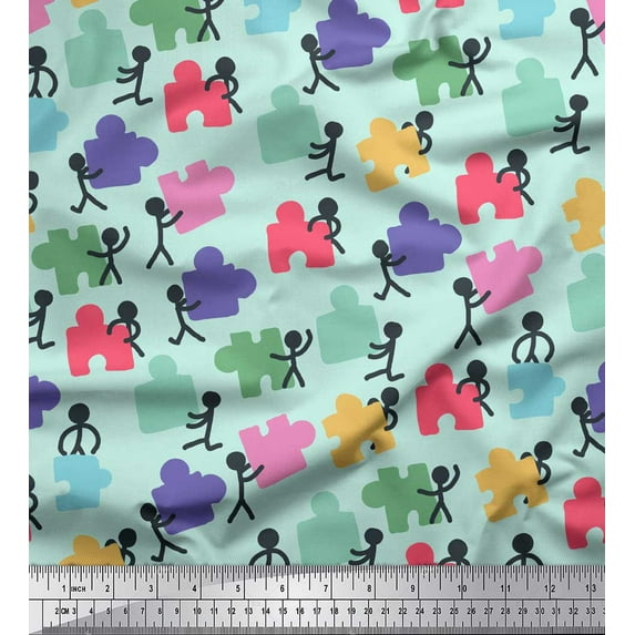 Soimoi Green Silk Fabric Working Together Group Print Fabric by the Yard 42 Inch Wide