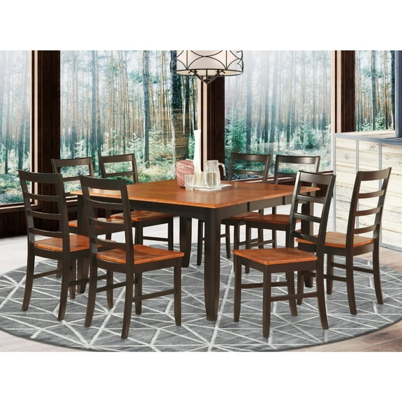Dining Room Set-Square Dining Table With Leaf And 8 Dining Chairs-Finish:Black & Cherry,Number of Items:9,Shape:Square,Style:Wood Seat