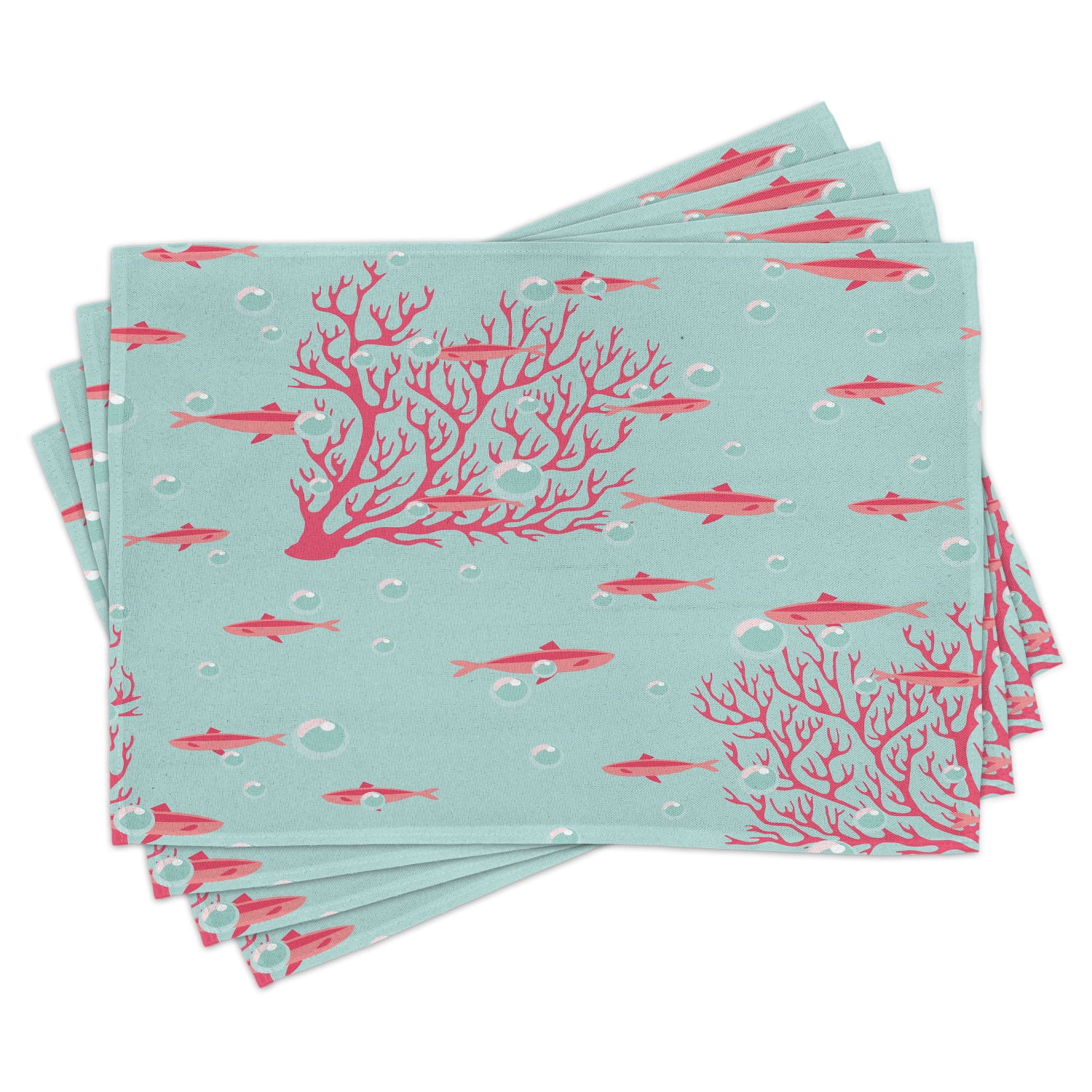 Coral Placemats Set of 4 Aquatic Pattern with Little Cute Fishes and