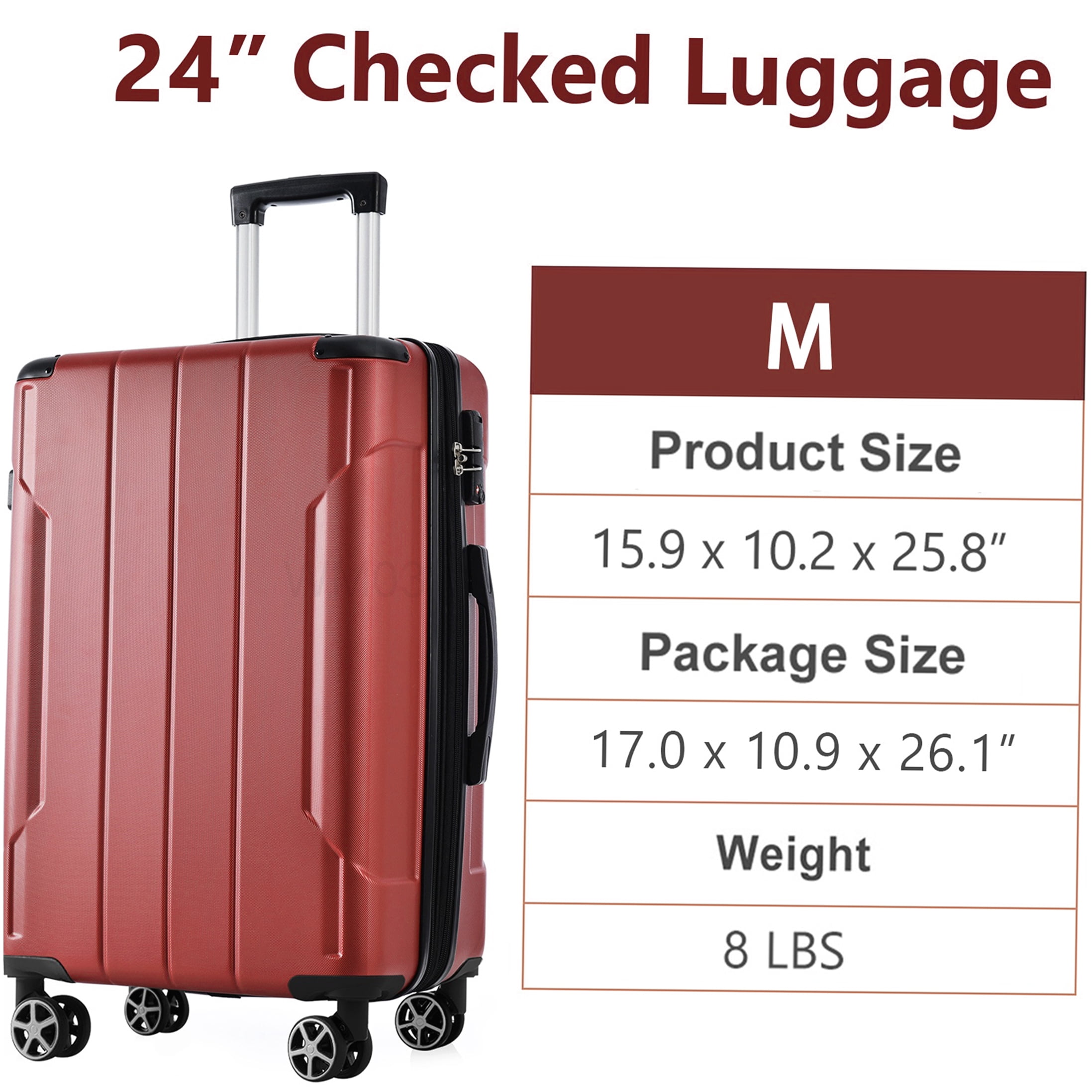 Expandable 24-inch Red Hardshell Luggage with TSA Lock, Lightweight ABS Suitcase