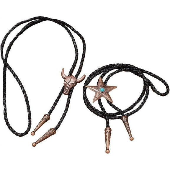 2PCS 2 Styles Adjustable Bolo Tie Vintage Red Copper Cowhead Star Bola Ties Pendant Black PU Leather Western Cowboy Necktie Necklace for Men Women Retro Rodeo Jewelry Costume Accessories DIY