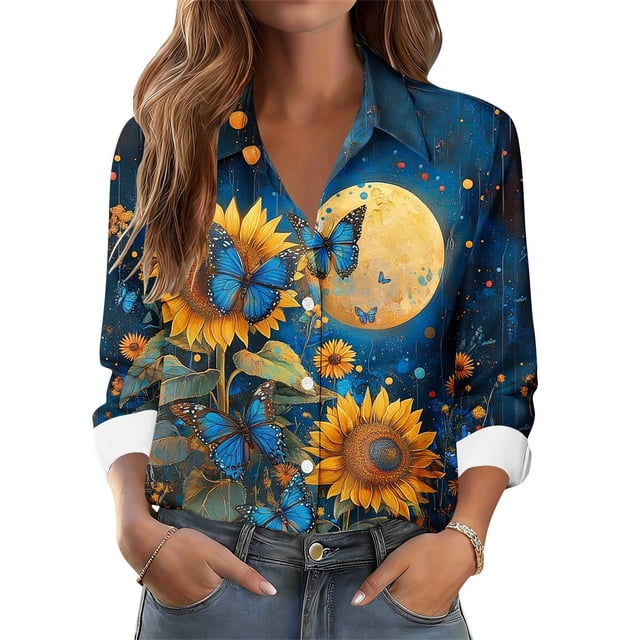 TaTaai Women Collared Printed Casual Button Down Shirt Long Sleeve Blouse Ladies Daily Commute Street Office Wear Soft Breathable Non See Through Machine Washable Top Gift